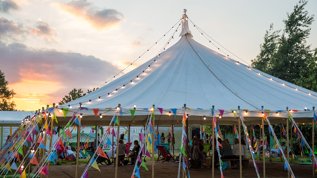 Hay Festival marquee at sunset